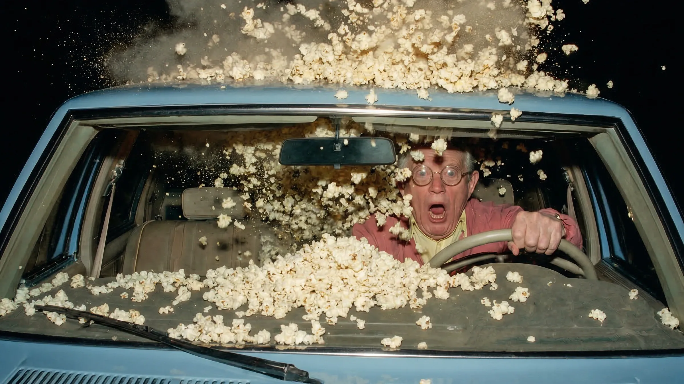 Popcorn product placement in cinematic car scene, hybrid film and AI production example